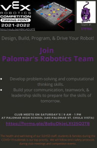 Flyer describing how to join the Robotics Club at Palomar High School